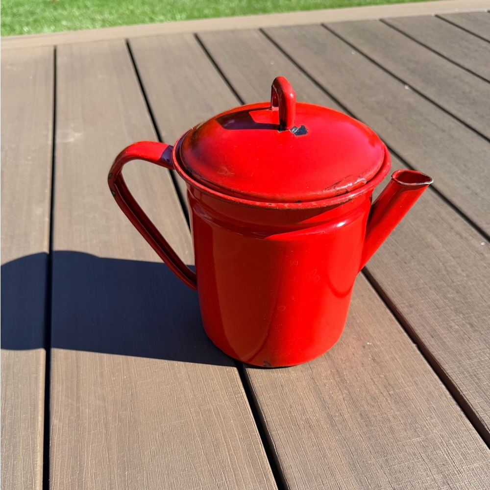 Vintage Red Enamelware Cowboy Coffee Pot Campfire Kettle Pitcher And Lid Antique